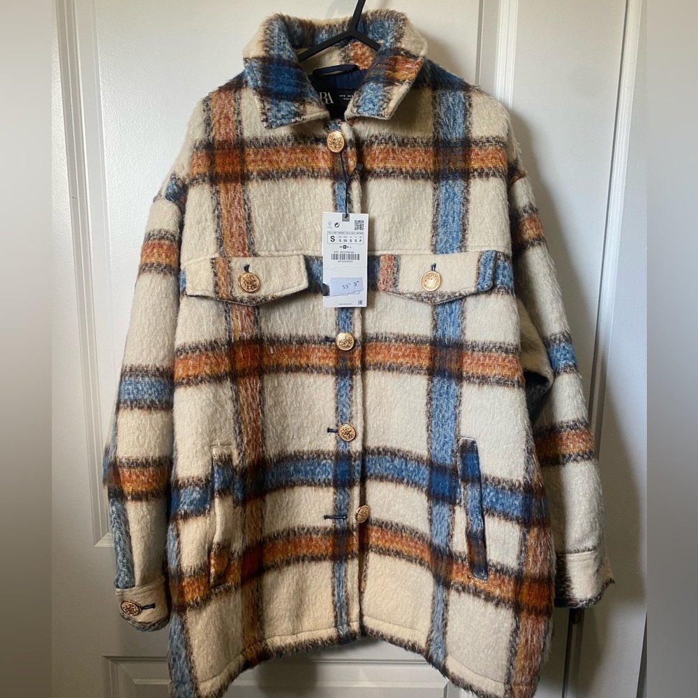 NWT NEW ZARA WOOL BLEND PLAID SHACKET JACKET GOLD BUTTONS OVERSIZED SZ SMALL S